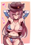 1girl america american_flag_bikini anezaki_yukimi bare_shoulders belt bikini blush breasts brown_eyes brown_hair chaps cowboy_hat crotchless crotchless_pants elbow_gloves eyebrows_visible_through_hair flag_print gloves groin gun hair_ornament hat hat_ornament highres large_breasts long_hair looking_at_viewer one_eye_closed pants purple_hair simple_background solo star-shaped_pupils star_(symbol) star_hat_ornament swimsuit symbol-shaped_pupils tukiwani virtual_youtuber weapon yukimi_onee-channel 