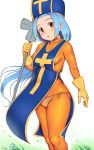  1girl bodystocking bodysuit breasts brown_eyes cameltoe choker cleric cross dragon_quest dragon_quest_iii fantasy floating_hair gloves grass groin hat highres holding holding_staff long_hair looking_at_viewer mitre open_mouth orange_bodysuit orange_panties orizen panties priest_(dq3) side-tie_panties sideboob skin_tight solo staff tabard thick_thighs thighs underwear yellow_gloves 