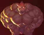  2018 abs anthro barazoku biceps big_muscles bodily_fluids bowser bulge clothing eyebrows flexing glowing glowing_eyes high-angle_view horn huge_muscles hyper hyper_muscles koopa looking_at_viewer male mario_bros muscular muscular_anthro muscular_male nintendo open_mouth open_smile pecs quads red_background ripped-saurian scalie simple_background smile solo standing sweat thong underwear video_games 