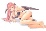  1girl alternate_costume arm_support arnest ass barefoot bat_wings bikini black_bikini blush breasts bright_pupils collarbone foot_out_of_frame full_body hand_in_hair head_wings koakuma large_breasts long_hair looking_at_viewer low_wings lying on_side red_eyes red_hair shadow sidelocks simple_background slit_pupils smile solo swimsuit touhou wet white_background white_pupils wings 