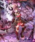  1girl armor bangs black_gloves breasts claws cleavage crown gloves hip_armor holding holding_weapon horns kouyafu lightning long_hair looking_at_viewer medium_breasts open_mouth purple_hair red_eyes red_legwear shadowverse shoulder_armor single_knee_pad solo thighhighs weapon wings 