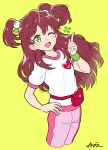  1girl ;d aikatsu!_(series) aikatsu_friends! brown_hair clover cowboy_shot cropped_legs eyebrows_visible_through_hair four-leaf_clover green_eyes hair_ornament harukaze_wakaba heart highres leaf_hair_ornament leaning_back long_hair mistletoe one_eye_closed open_mouth pants pink_pants pouch shirt short_sleeves signature simple_background smile solo t-shirt track_pants two_side_up white_shirt wristband yellow_background yoban 