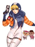  3girls apex_legends b3_wingman bangalore_(apex_legends) bangs black_hair blonde_hair blue_bodysuit blue_headwear bodysuit breasts chibi crossed_legs dark_skin dark_skinned_female double_bun eyebrows_visible_through_hair gun headband holding holding_gun holding_weapon hood hooded_jacket jacket leaning_to_the_side lifeline_(apex_legends) looking_ahead medium_breasts multiple_girls orange_jacket pink_hair revolver scar scar_on_cheek scar_on_face solo_focus trembling usaginu v-shaped_eyebrows wattson_(apex_legends) weapon white_headband 