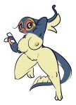  1-upclock 2021 3_fingers 3_toes anthro anthrofied big_breasts black_eyes blue_body blue_scales breasts eelektross feet female fin fingers front_view genitals hand_behind_head hi_res huge_breasts lips looking_at_viewer marine nintendo nipples nude on_one_leg open_mouth pok&eacute;mon pok&eacute;mon_(species) pussy raised_leg red_sclera scales simple_background solo standing tail_fin tan_body tan_nipples tan_scales thick_lips toes video_games white_background yellow_body yellow_scales 