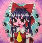  1girl :p acid_trip ascot black_hair bow breasts collar detached_sleeves dilated_pupils djrem drugs frilled_bow frilled_collar frills hair_bow hair_tubes hakurei_reimu lsd medium_hair portrait red_bow red_eyes red_vest ribbon-trimmed_sleeves ribbon_trim solo tongue tongue_out touhou traditional_media upper_body vest wide-eyed yin_yang 