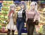  2021 3girls algerie_(azur_lane) archstreal artist_name azur_lane bag black_jacket black_legwear blue_eyes breasts brown_jacket brown_skirt christmas closed_mouth cross cross_earrings cross_necklace denim dress drill_locks dunkerque_(azur_lane) earrings eyebrows_visible_through_hair eyewear_on_head flower grey_hair hair_flower hair_ornament hairband hairclip happy_new_year highres holding holding_bag index_finger_raised jacket jeans jewelry large_breasts long_hair long_skirt looking_at_another looking_at_viewer medium_breasts multiple_girls nail_polish necklace new_year open_clothes open_jacket open_mouth pants pantyhose pink_nails pink_sweater purple_eyes red_scarf saint-louis_(azur_lane) scarf skirt standing sweater talking turtleneck turtleneck_sweater white_dress white_hair white_sweater 
