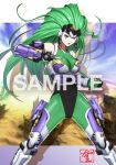  1girl aschen_brodel bangs bodysuit breasts clenched_hand commission covered_navel fingerless_gloves gloves green_eyes green_gloves green_hair long_hair looking_at_viewer medium_breasts open_hand parted_lips saitou_kazue sample skeb_commission solo spikes super_robot_wars super_robot_wars_og_saga_mugen_no_frontier 