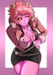  1girl :o ashido_mina black_sclera blown_kiss boku_no_hero_academia breasts cleavage colored_sclera cosplay crossed_legs fur_trim highres horns jacket kmkzart large_breasts looking_at_viewer one_eye_closed open_mouth pink_hair pink_jacket pink_lips shermie_(kof) shermie_(kof)_(cosplay) short_hair solo the_king_of_fighters the_king_of_fighters_xv thick_thighs thighs yellow_eyes 