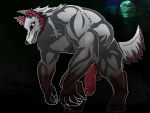  angry anthro big_penis canid canine canis danger darkness fangs forest genitals half-erect hi_res kiu_piu male mammal moon muscular muscular_anthro muscular_male penis plant solo tree wolf 