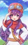  1girl bangs belt blue_sky blush cloud cloudy_sky curly_hair dragon_quest dragon_quest_ii eyebrows_visible_through_hair goggles goggles_on_head hand_on_hip happy hat highres long_hair moon_setuna open_mouth outdoors princess_of_moonbrook purple_eyes purple_hair salute sky solo strap white_robe 