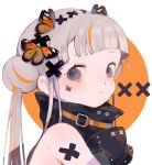  1girl bangs blunt_bangs blush bug butterfly butterfly_hair_ornament grey_eyes grey_hair hair_ornament highres insect long_hair monarch_butterfly multicolored_hair orange_hair original pepparmint310 portrait shadow solo streaked_hair 