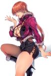  1girl boots breasts choker cleavage cleavage_cutout clothing_cutout commentary fur_trim hair_over_eyes high_heel_boots high_heels highres kin_mokusei large_breasts ponytail red_hair shadow shermie_(kof) short_hair sitting solo sweater the_king_of_fighters the_king_of_fighters_xv thighhighs thighs 