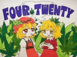  2girls aki_minoriko aki_shizuha bangs blonde_hair collared_shirt djrem english_text hair_ornament hat joint_(drug) juliet_sleeves leaf leaf_hair_ornament leaf_on_head long_sleeves looking_up marijuana multiple_girls puffy_sleeves red_eyes red_shirt red_skirt shirt short_hair siblings sisters skirt smile smoke smoking suspender_skirt suspenders touhou traditional_media upper_body white_background yellow_eyes 