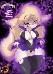  2020 absurd_res anthro bedroom_eyes big_breasts blonde_hair blush bodily_fluids bottomwear breasts canid canine cleavage clothed clothing curvy_figure dialogue digital_media_(artwork) drooling english_text female fennec fox francine_alvarez_(k9x-toons) fur hair halloween hi_res holidays hourglass_figure huge_breasts inkit89 jewelry looking_at_viewer mammal multicolored_body multicolored_fur narrowed_eyes navel necklace saliva seductive simple_background skirt smile solo talking_to_viewer teeth text thick_thighs tongue voluptuous whiskers white_body white_fur wide_hips yellow_body yellow_fur 