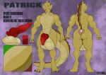  2_ball 4_toes 5_fingers anthro balls big_balls bone_frill dragon feet fingers frill_(anatomy) genitals gold_dragon gold_scales green_eyes huge_balls hyper hyper_balls hyper_genitalia male model_sheet muscular muscular_anthro muscular_male patrick_(lunchmeat) penis purplepardus red_penis solo toes 