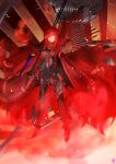  1girl absurdres armor bangs belt black_bodysuit bodysuit bracer breastplate breasts cape chain collared_cape family_crest fate/grand_order fate_(series) fire greaves hair_over_one_eye high_heels highres huge_filesize katana koha-ace large_breasts long_hair looking_at_viewer medallion oda_nobunaga_(fate)_(all) oda_nobunaga_(maou_avenger)_(fate) oda_uri ootato popped_collar red_cape red_eyes red_hair sheath skeleton sword thighs very_long_hair weapon 