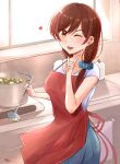  1girl absurdres apron brown_hair cooking food hair_ornament hair_scrunchie hand_soap heart highres kanojo_okarishimasu kitchen ladle long_hair lygon mizuhara_chizuru one_eye_closed portable_stove scrunchie sink smile sunlight window 