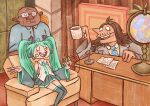  1girl 2boys coffee_mug crossover cup desk detached_sleeves eric_andre formal globe green_hair hannibal_buress hatsune_miku headset highres interview long_hair mug multiple_boys necktie open_mouth skirt suit sylaride the_eric_andre_show thighhighs twintails u_u very_long_hair vocaloid 