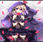  1girl azur_lane bangs bare_shoulders black_bow black_dress black_gloves black_legwear blush bow brown_hair closed_mouth dress eyebrows_visible_through_hair flower gloves hair_between_eyes hair_bow hands_up highres holding holding_flower layered_dress letterboxed looking_at_viewer petals pleated_dress purple_eyes red_flower red_rose rose shikito sleeveless sleeveless_dress solo standing thighhighs veil z23_(azur_lane) 