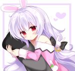  1girl :o animal_ears azur_lane bangs bare_shoulders black_bow blush bow bunny_ears bunny_hair_ornament eyebrows_visible_through_hair fake_animal_ears hair_between_eyes hair_bow hair_ornament heart laffey_(azur_lane) long_hair long_sleeves looking_at_viewer off_shoulder parted_lips pillow pillow_hug pink_shirt purple_background purple_hair red_eyes shikito shirt sleeves_past_wrists solo two-tone_background very_long_hair white_background 