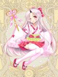 1girl ;d bangs blush bow dairoku_youhei frilled_bow frills full_body grey_hair hair_bow heart holding horns japanese_clothes kimono long_hair long_sleeves looking_at_viewer obi official_art one_eye_closed open_mouth parted_bangs petals pink_kimono pink_legwear pleated_skirt red_bow red_eyes red_footwear red_skirt sash shide shikito single_horn skirt sleeves_past_wrists smile solo thighhighs very_long_hair wide_sleeves zouri 