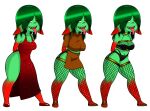  brown_clothing brown_dress clothing dress elina female fishnet goblin green_body green_eyes green_hair hair hi_res humanoid red_clothing red_dress saiko-pyon_(artist) solo yellow_eyes 