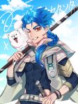  1boy 1other abs animal asymmetrical_bangs bangs belt blue_hair blue_sky bodysuit bodysuit_under_clothes bracelet braid braided_ponytail capelet closed_mouth clothing_cutout cloud cloudy_sky cu_chulainn_(fate)_(all) dog dol_ishi earrings fate/grand_order fate/grand_order_arcade fate_(series) grin high_collar highres holding holding_staff hood hood_down hooded_capelet jewelry long_hair looking_at_viewer male_focus muscular muscular_male one_eye_closed ponytail puppy red_eyes setanta_(fate) skin_tight sky slit_pupils smile solo spiked_hair staff thigh_cutout 