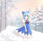  1girl bangs bare_tree blue_bow blue_dress blue_eyes blue_hair blush bow breasts cirno closed_mouth dress eyebrows_visible_through_hair feet_out_of_frame hand_in_hair hand_up highres ice ice_wings outdoors petticoat pinafore_dress piyoru_nico puffy_short_sleeves puffy_sleeves red_neckwear red_ribbon ribbon short_hair short_sleeves small_breasts smile snowing solo standing touhou tree twilight vanishing_point wings 