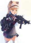  1girl angel_ina animal_ear_headwear blonde_hair blue_eyes gloves gradient gradient_background gun h&amp;k_ump hat highres holding holding_gun holding_weapon long_hair original sailor_collar solo submachine_gun thighhighs weapon white_legwear zettai_ryouiki 