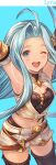  1girl ahoge alternate_costume arms_up blue_eyes blush breasts cleavage cosplay crop_top eyebrows_visible_through_hair granblue_fantasy highres light_blue_hair long_hair lyria_(granblue_fantasy) minaba_hideo navel official_art one_eye_closed open_mouth relic_buster_(granblue_fantasy) relic_buster_(granblue_fantasy)_(cosplay) short_shorts shorts sidelocks sleeveless small_breasts smile solo thighhighs very_long_hair 