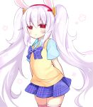  1girl animal_ears arms_behind_back azur_lane bangs blue_bow blue_shirt blue_skirt blush bow bunny_ears collared_shirt eyebrows_visible_through_hair fake_animal_ears floral_background hair_between_eyes hairband laffey_(azur_lane) long_hair looking_at_viewer parted_lips plaid plaid_bow plaid_skirt pleated_skirt red_eyes red_hairband school_uniform shikito shirt short_sleeves simple_background skirt solo sweater_vest thighhighs twintails very_long_hair white_background white_hair white_legwear 