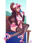  1girl antenna_hair bangs baseball_cap bench blue_eyes breasts brown_hair brown_legwear cleavage day eating eyelashes food hand_up hat high_ponytail hilda_(pokemon) holding holding_stick jacket kajin_(kajinman) long_hair miniskirt navel open_clothes open_jacket outdoors pink_skirt pokemon pokemon_(game) pokemon_bw popsicle roller_skates shiny shiny_skin sidelocks sitting skates skirt solo stick thighhighs two-tone_headwear zipper 