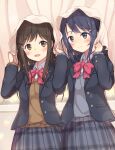  2girls adachi_sakura adachi_to_shimamura blazer blue_hair bow brown_eyes brown_hair commentary curtain_grab curtains hair_ornament hairclip highres indoors jacket kumakumatc light_blush multiple_girls open_mouth school_uniform shimamura_hougetsu skirt smile sunlight window yuri 