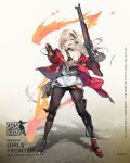  1girl artist_request bangs bare_shoulders belt black_legwear black_pants blue_eyes breasts character_name cleavage collarbone commentary_request copyright_name earrings eyebrows_visible_through_hair floor girls_frontline highres holding holding_weapon jacket jacket_pull jewelry long_hair medium_breasts mole mole_under_eye multicolored multicolored_eyes notebook official_art one_eye_closed open_clothes open_jacket open_mouth pants pantyhose platinum_blonde_hair purple_eyes red_jacket shirt shoes smile sneakers solo spray_paint standing tkb-408_(girls_frontline) weapon white_shirt 