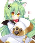  1girl ahoge akashi_(azur_lane) animal_ear_fluff animal_ears azur_lane bangs black_sailor_collar blush bow brown_eyes cat_ears choker closed_mouth dress eyebrows_visible_through_hair green_hair hair_between_eyes hands_up heart highres long_hair long_sleeves looking_at_viewer red_bow red_choker sailor_collar sailor_dress shikito simple_background sleeves_past_fingers sleeves_past_wrists smile solo very_long_hair white_background white_dress 