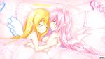  2girls :o bangs blonde_hair blush breasts closed_eyes closed_mouth dairoku_youhei demon_girl demon_horns demon_wings eyebrows_visible_through_hair frilled_pillow frills hair_between_eyes hair_censor halo highres horns large_breasts long_hair multiple_girls naked_sheet official_art parted_lips pillow pink_hair pointy_ears shikito smile under_covers white_wings wings yuri 