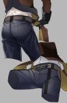  1boy ass ass_focus black_gloves black_pants brown_jacket cropped_legs genshin_impact gloves gnsnrkgk grey_background highres jacket long_sleeves male_focus multiple_views pants simple_background wet wet_clothes wringing_clothes zhongli_(genshin_impact) 