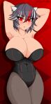  1girl abs armpits arms_up bangs black_hair blush breasts cleavage english_commentary highres horns huge_breasts kijin_seija large_breasts looking_at_viewer megamoo mole mole_on_breast mole_under_mouth motion_lines multicolored_hair pantyhose playboy_bunny short_hair solo streaked_hair thick_thighs thighs toned touhou 