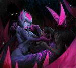  1girl artist_name black_hair bleeding blood blood_from_mouth blurry blurry_foreground claws colored_sclera colored_skin evelynn_(league_of_legends) facial_mark fingernails fire flame glowing glowing_eyes grey_hair grey_skin grin hair_between_eyes highres impaled league_of_legends looking_at_another looking_at_viewer medium_hair multicolored multicolored_hair navel parted_lips pink_fire purple_eyes purple_hair purple_lips purple_sclera r3p4aty_bow shadow signature slit_pupils smile spikes yellow_eyes 