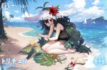  1girl azur_lane bare_shoulders barefoot beach bikini black_bikini blush boat bow byulzzi cloud day flower hat hat_flower heart long_hair looking_at_viewer manjuu_(azur_lane) mountain ocean official_alternate_costume official_art open_mouth outdoors palm_tree promotional_art red_bow red_eyes red_flower sandals sardegna_empire_(emblem) see-through shadow shell ship sitting sky smile solo straw_hat sun_hat swimsuit torricelli_(azur_lane) tree turtle water watercraft 