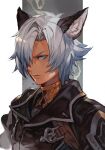  1boy animal_ears black_jacket blue_eyes dark_skin dark_skinned_male erune eustace_(granblue_fantasy) glowing glowing_eye granblue_fantasy hair_over_one_eye hungry_clicker jacket looking_back male_focus one_eye_covered parted_lips short_hair sideways_glance silver_hair solo upper_body 