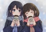  2girls adachi_sakura adachi_to_shimamura blazer blue_eyes blue_hair brown_hair closed_eyes coffee_cup cup disposable_cup hair_ornament hairclip jacket kumakumatc light_blush long_hair looking_at_another medium_hair multiple_girls outdoors scar school_uniform shimamura_hougetsu smile snowing yuri 