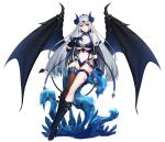  1girl absurdres black_gloves black_legwear boots breasts cleavage counter_side demon_girl demon_wings gloves hand_on_own_chest high_heel_boots high_heels highres horns huge_filesize large_breasts leotard navel official_art silver_eyes silver_hair simple_background single_thighhigh sitting skindentation solo tattoo thigh_strap thighhighs transparent_background underboob wings 