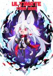  1girl animal_ears bangs black_footwear black_legwear chibi chromatic_aberration clenched_hands fang floating hair_between_eyes highres long_hair mamuru open_mouth original red_eyes skin_fang solo tail thighhighs v-shaped_eyebrows very_long_hair white_hair 