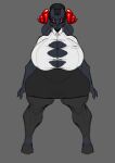  absurd_res anthro big_breasts black_body bottomwear bovid breasts caprine cleavage clothed clothing eyewear female glasses goat grey_background hi_res huge_breasts mammal mature_female red_sclera repomorame simple_background skirt solo straining_buttons thick_thighs 