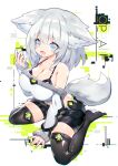  1girl animal_ear_fluff animal_ears arm_support bangs bare_shoulders black_shorts blue_eyes bra bra_peek breasts cleavage eyebrows_visible_through_hair highres holding holding_phone large_breasts looking_at_viewer mamuru medium_hair off_shoulder open_mouth original phone shorts silver_hair sitting smile solo star_(symbol) tail thighhighs underwear wariza white_background zettai_ryouiki 