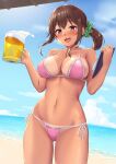  1girl :d absurdres alcohol bangs beach beer beer_mug bikini blue_sky blush breasts brown_hair cleavage clipboard cloud collarbone cowboy_shot crossed_bangs cup day eyebrows_visible_through_hair floating_hair green_scrunchie groin hair_between_eyes hair_ornament hair_scrunchie highres holding holding_clipboard holding_cup large_breasts long_hair looking_at_viewer midriff mug navel no_shirt ocean open_mouth original outdoors pink_bikini ponytail red_eyes sawada_yuusuke scrunchie second-party_source side-tie_bikini sky smile solo standing sweat swimsuit tan tanline upper_teeth 