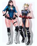  2girls alternate_costume alternate_hairstyle black_hair blonde_hair blue_eyes boots bracelet breasts brown_eyes bun_cover cammy_white cammy_white_(cosplay) chinese_clothes chun-li chun-li_(cosplay) cleavage cosplay costume_switch cracking_knuckles cross-laced_footwear double_bun fingerless_gloves full_body gloves goggles goggles_on_head h_potemkin hairstyle_switch highres jewelry leotard looking_at_viewer multiple_girls official_alternate_costume street_fighter street_fighter_v thigh_boots thighhighs 