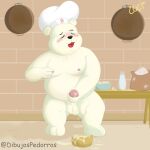  balls bimbo_(bakery) bimbo_bear bimbo_bread blush bodily_fluids bread chef_hat clothing cum detailed_background dibujospedorros erection eyes_closed food fur genital_fluids genitals hat headgear headwear hi_res inside kitchen male mammal masturbation moobs nipples overweight overweight_male penis polar_bear solo ursid ursine white_body white_fur 