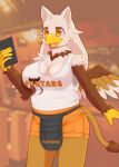  amber_eyes anthro avian beak big_breasts breasts clothing feathered_wings feathers fur granoa gryphon gynomorph hi_res intersex mythological_avian mythology shio_inu solo wings 